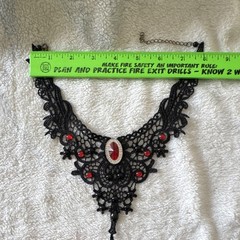 Black Lace Gothic Victorian Choker Necklace with Red Glass Stones Adjustable