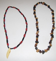 VTG Lot of 2 Chunky Wood Bead long Necklace Brown/black/red bone-feather-pendent