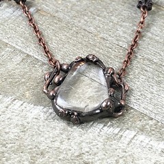 Antique Copper Soldered Clear Quartz Crystal Pendant with Faceted Moonstones