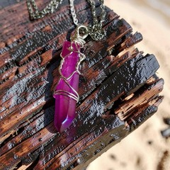 Hot Pink Aura Lemurian Quartz Pendant Wire Wrapped Silver Necklace Crystal Point