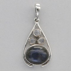 925 Sterling Silver Oval Labradorite Teardrop Pendant with small Moonstones