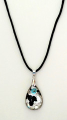 Silver & Blue Foiled Lampwork Art Glass Teardrop Pendant with Adjustable Cord
