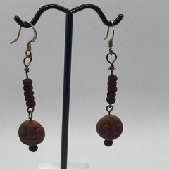 Moon Face Long Dangle Earrings Brown Clay Bead Boho Artisan Jewelry