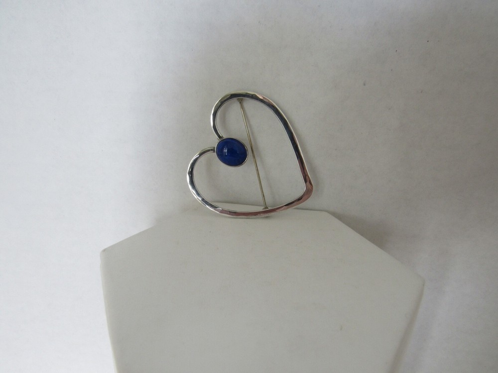 Artisan Signed STG PJ Handmade Sterling Silver Lapis Heart Pin Brooch Open
