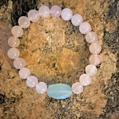 STACKABLE ENERGY BRACELET Seafoam Green CHALCEDONY PINK ROSE QUARTZ Heart Chakra