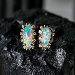 Bubble Tea Design Australian Solid Opal Diamond Stud Earrings 14K Yellow Gold