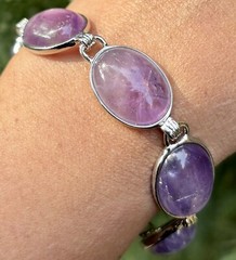 White Gold Plated Bracelet Bangle Jewelry, German Silver, Amethyst, 7.5 inch