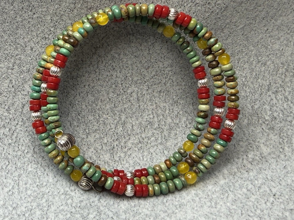 Arizona Turquoise, Coral, & Sterling Beads 3-Coil Memory Wire Bracelet