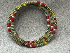 Arizona Turquoise, Coral, & Sterling Beads 3-Coil Memory Wire Bracelet