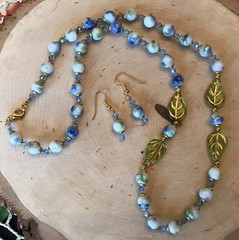 Necklace & Earring Set, White/Blue/Green Opaque Beads, Green Leaves