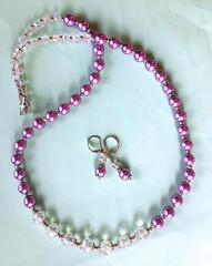 FACETED CRYSTAL LAVENDER glass pearl SP necklace set LEVERBACK