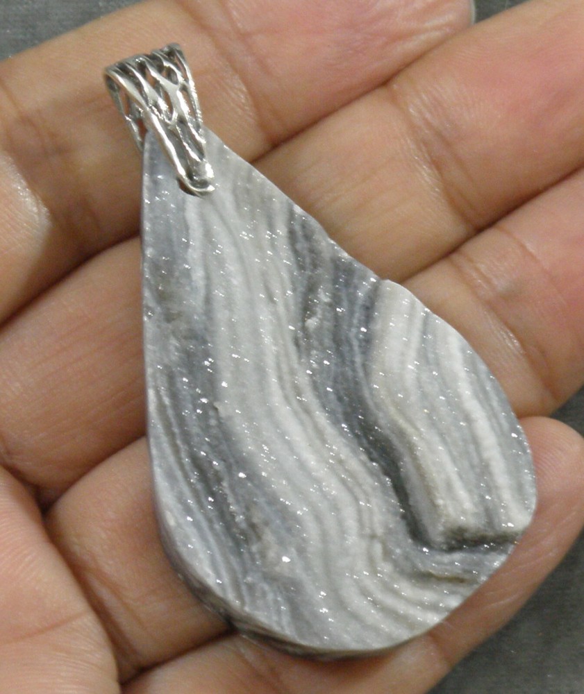 Druzy Quartz Agate Teardrop Pendant .925 Sterling Silver Gray White 50mm