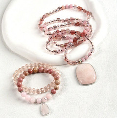 Rose Quartz, Rhodonite & Glass Bead Necklace & Bracelet Set – 18.5″ Pink Pendant