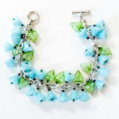 Charm 7″ Bracelet Handmade Aqua Teal Green Flower Leaf Czech Glass Beads Beaded