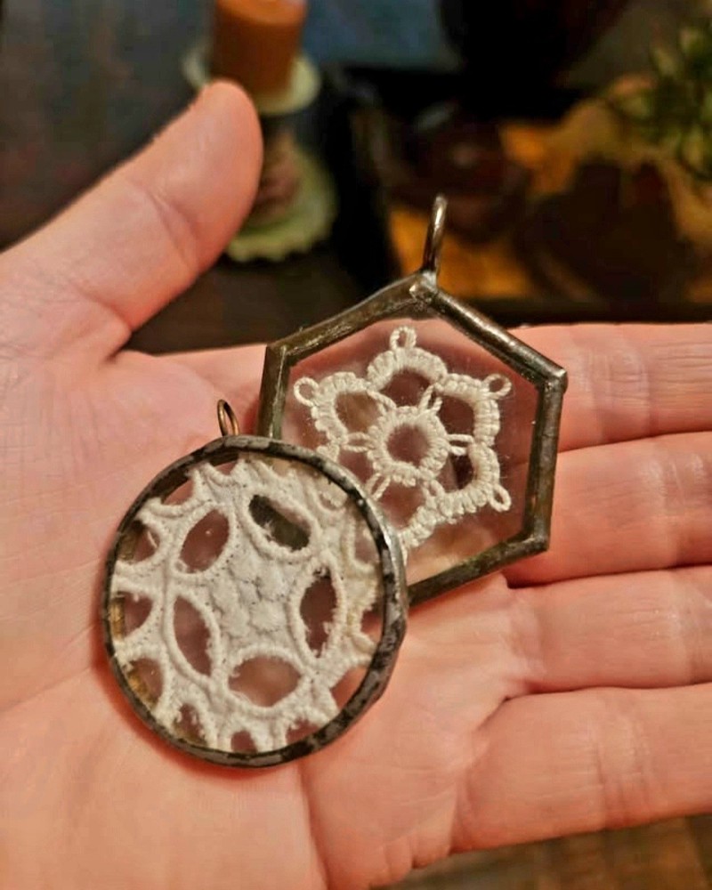 Set of 2 Handmade Beveled Glass & Pewter Necklace Pendants