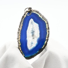 Blue Agate Slice Pendant Silver Tone Bezel Natural Geode Stone Bohemian Jewelry
