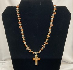Orange Quartz Stone Cross and Bead Necklace Boho Christian
