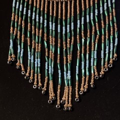 Handcrafted Beaded Fringe Necklace Green Blue Gold Glass Beads Beaded Loop 14″