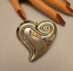 Classic 1980s Large Handcrafted Brass & Mixed Metal Heart Brooch/Pendant