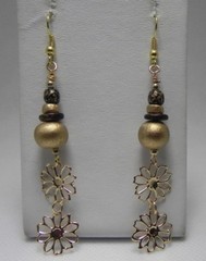 Gold Blue Brown Wooden Beads Flowers Bohemian G.T. 3 1/4″ DROP Hook Earrings