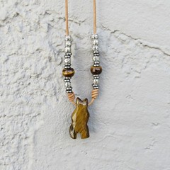 Leather and Carved Bear Totem Necklace Tiger Eye Brown Stone Primitive Pendant