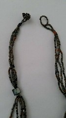 Handmade Necklace GLASS BEADS BLUE PEACOCK PEWTER BRONZE TIGER EYE MOP 20 in Adj