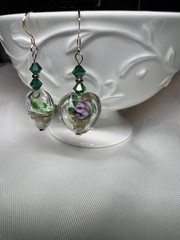 Artisan Dangle Earrings Lamp Work Green Hearts/Rose Gold Filled Ear Wires OOAK