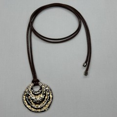 Handmade Brown Cord Gold Textured Disc Pendant Necklace Hammered Boho