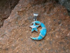 Crescent Moon Star Sterling Silver 925 Turquoise Gemstone & Opal Pendant NEW D40