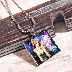 Faery Handcrafted Square Glass Cabochon Pendant Necklace