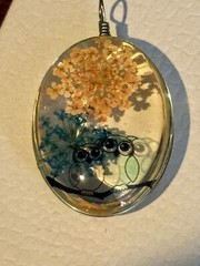 Silver Wrapped Resin Domed Pendant with dried flowers & cute pair of owls