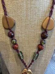 Leaf Hemp Necklace, 22 inch Handmade Macrame with Wood and Glass Beads