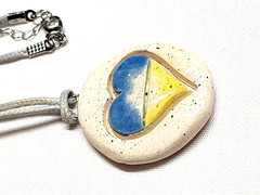 Rustic Heart White Yellow Blue Polymer Clay Oval Pendant Necklace 19″ Boho GUC