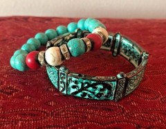 Boho Bracelets Set Of Two Turquoise, Copper And Ceramic Beads With Rhinestones