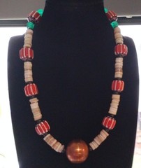Tribal Copper Red Striped Glass Trade Beaded Natural Wood Necklace