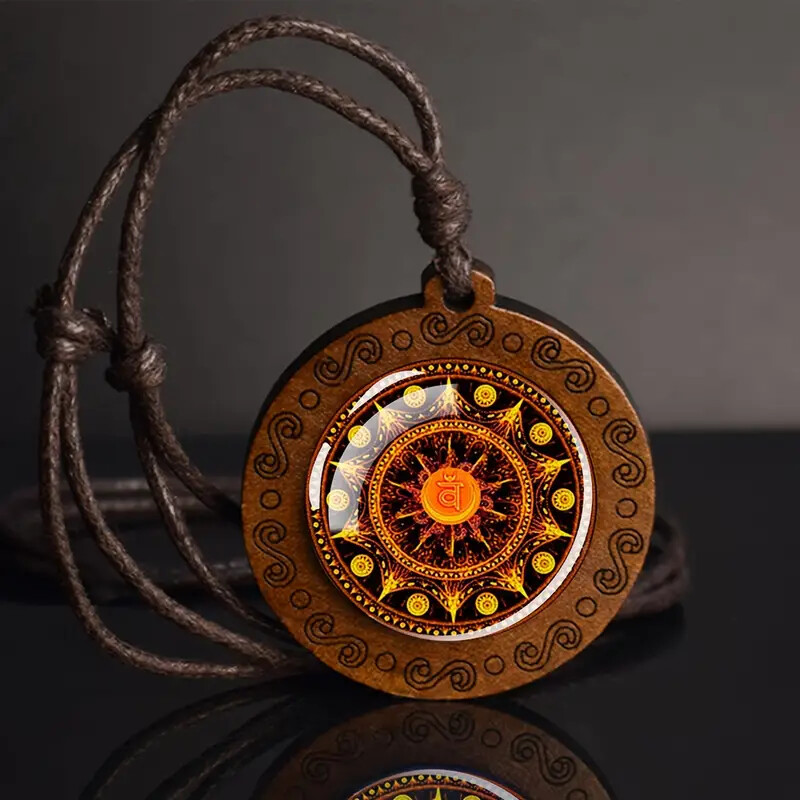 Bohemian Style Glass & Wood Pendant Necklace Spiritual Geometric Jewelry Gift