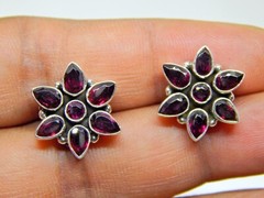 Natural Garnet Flower Earring Studs in 925 Sterling Silver ,Wedding Earring Stud