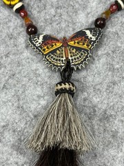 Beaded Necklace Butterfly Pendant Leather Strap Horse Hair Tassel Carved Totem