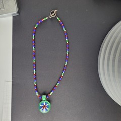Hand Blown Glass Flower Pendant Necklace Red Blue White Green