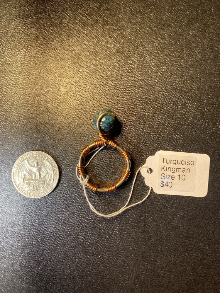 Deep Blue Kingman Turquoise Ball Set In Silver Wire Wrap Ring Size 10