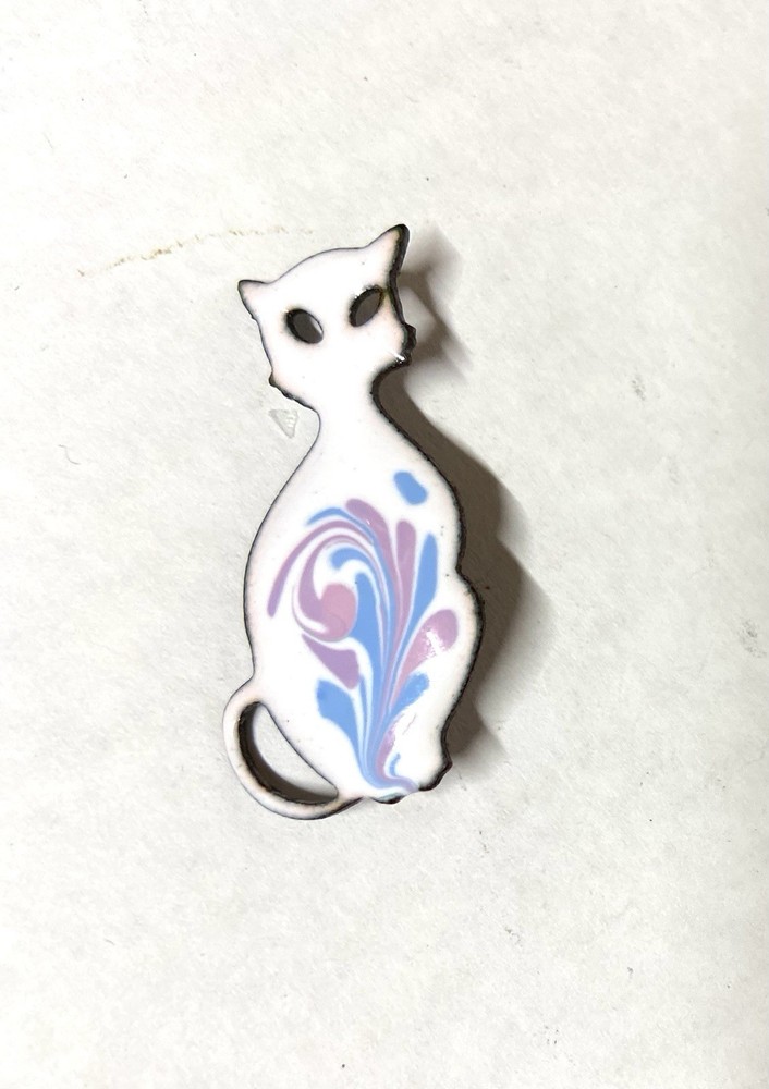 SMALL CAT Pin Brooch Signed INGA- PINK/BLUE/WHITE COLOR