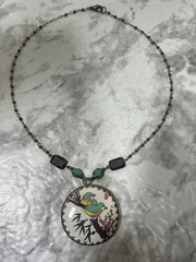 Artisan Hand Painted Asian Birds Mirror Pendant Necklace Round Circle Upcycled
