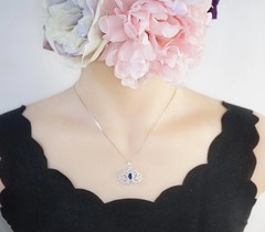 Blue Sapphire Necklace Lotus Flower Style Water lily Pendant 18KGP @ Sterling