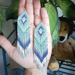 Handmade Mint Green & Blue Beaded Fringe Cascade Dangle Earrings, 5″