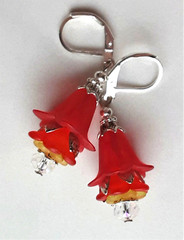 double RED Acrylic FLOWER & Faceted AB CRYSTAL earring SP LEVER BACK XX