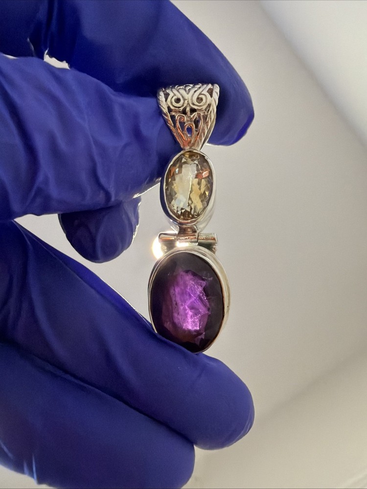 925 Sterling Silver Natural Amethyst & Citrine Pendant 11.2g 2” Statement