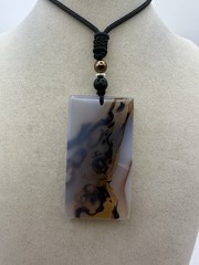Plume Agate Pendant Necklace On Black Adjustable Rope Sterling Silver Hematite