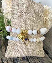 Matte White Beaded Stretch Bracelet with Gold Charm, Gemstone Bracelet