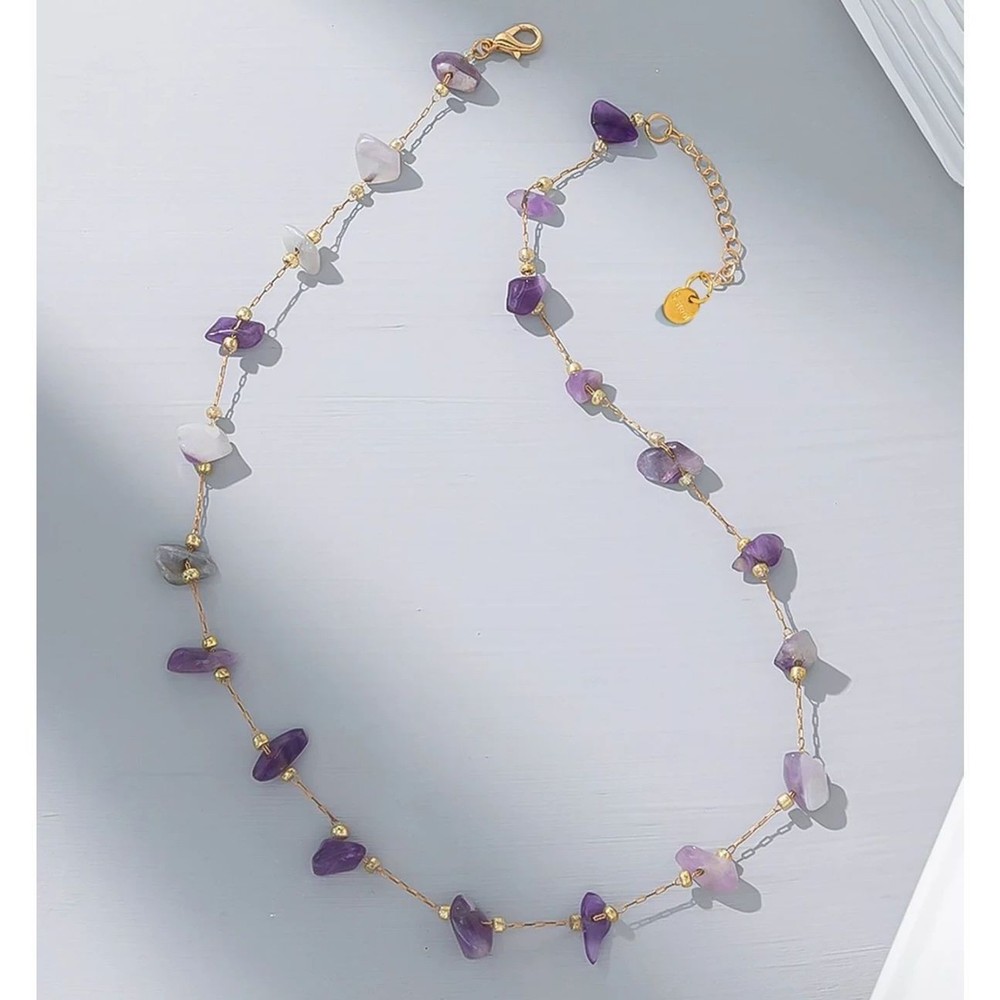 Handmade Amethyst Purple Gemstone Necklace Gold Adjstble Chain Raw Crystal Boho