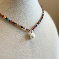 Handmade Mixed Natural Gemstone Necklace with Freshwater Pearl Pendant OOAK